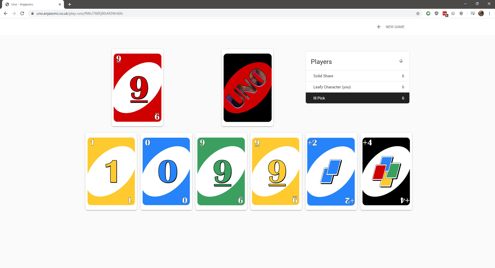 Screenshot of online UNO